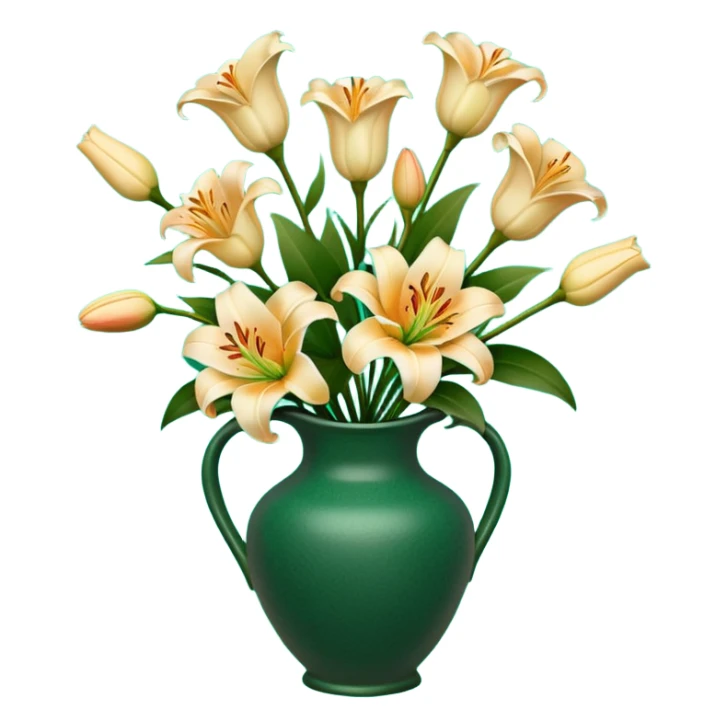 Lily and Rose bouquet in a dark green pottery vase with designs sticker