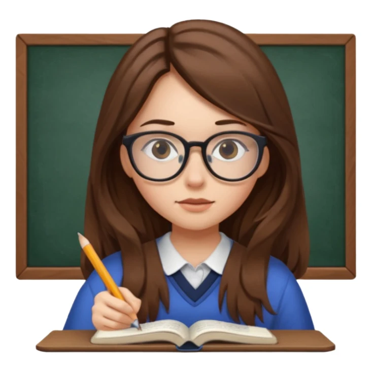 girl long brown hair, wear glases, study sticker