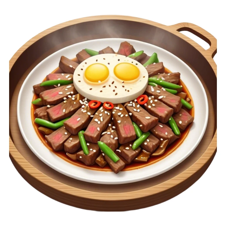 Bulgogi Cinematic Realistic Bulgogi Dish Emoji, depicted as thinly sliced, marinated beef stir-fried to perfection, rendered with dynamic textures and vibrant, appetizing lighting. sticker