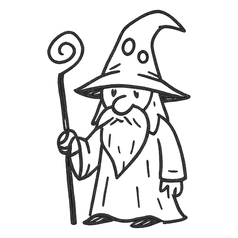 strange wizard with odd hat and staff, hand drawn black outline style sticker