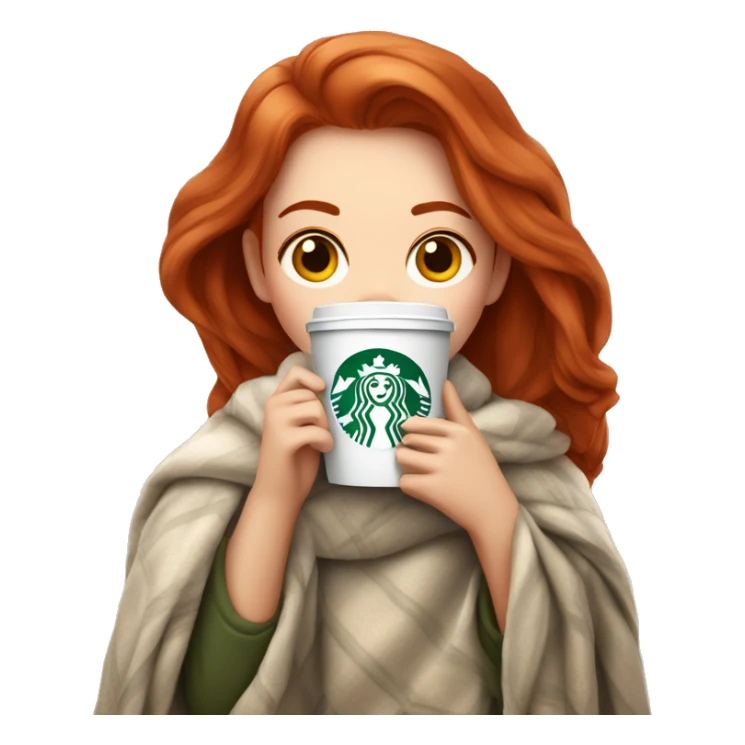 Pretty Redhead girl in cozy blanket drinking Starbucks sticker