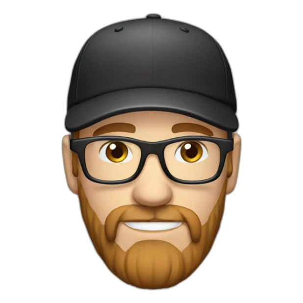 White male wearing headphones, clear glasses, black cap and brown beard sticker