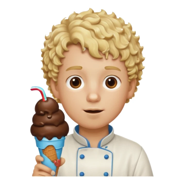boy blonde curly hair, chef, eating big chocolate ice cream sticker