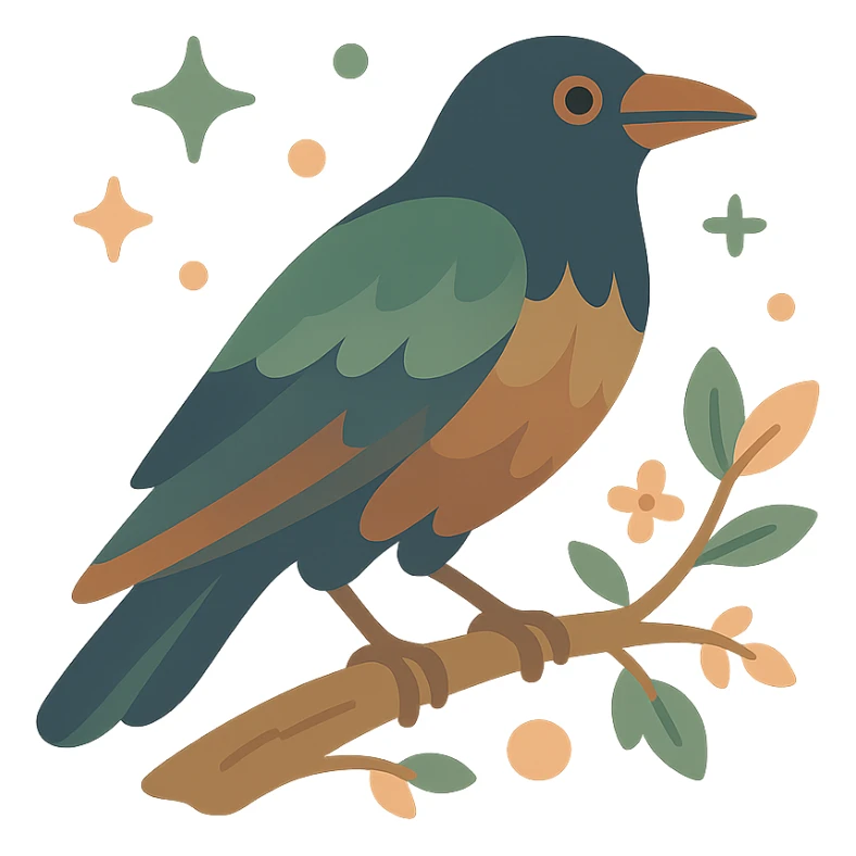 A mysterious crow perched on a branch, surrounded by a soft, magical atmosphere. The crow’s feathers are deep, dark hues with hints of golden orange (FA9B41), forest green (4A7C5C), muted taupe brown (96775A), and pastel peach (FFCC9A) subtly blending into its plumage. The branch is weathered and textured, with small leaves in green and peach tones, and delicate flowers or tiny sparks floating around. The lighting is soft and ambient, casting a warm, mystical glow over the scene, creating a quiet yet enchanting atmosphere. The crow’s sharp eyes and poised posture add to the mysterious, slightly gothic vibe of the moment sticker
