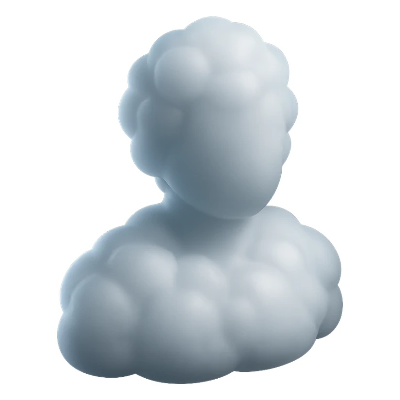 person made entirely of white fluffy convex clouds, shoulder up, front view, matte glass style sticker