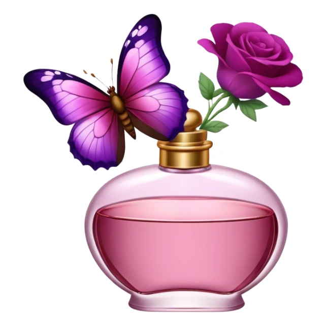"With vibrant Tyrian Purple and Jasper Red wings, a butterfly flutters near an elegant Rosewater Pink perfume bottle. Misty Rose pansies surround the setting, adding a touch of gentle floral beauty." sticker