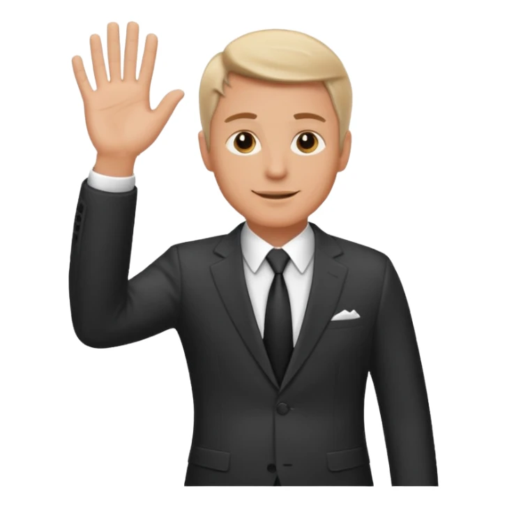 A white man in a suit stands and waves his hand in greeting. sticker