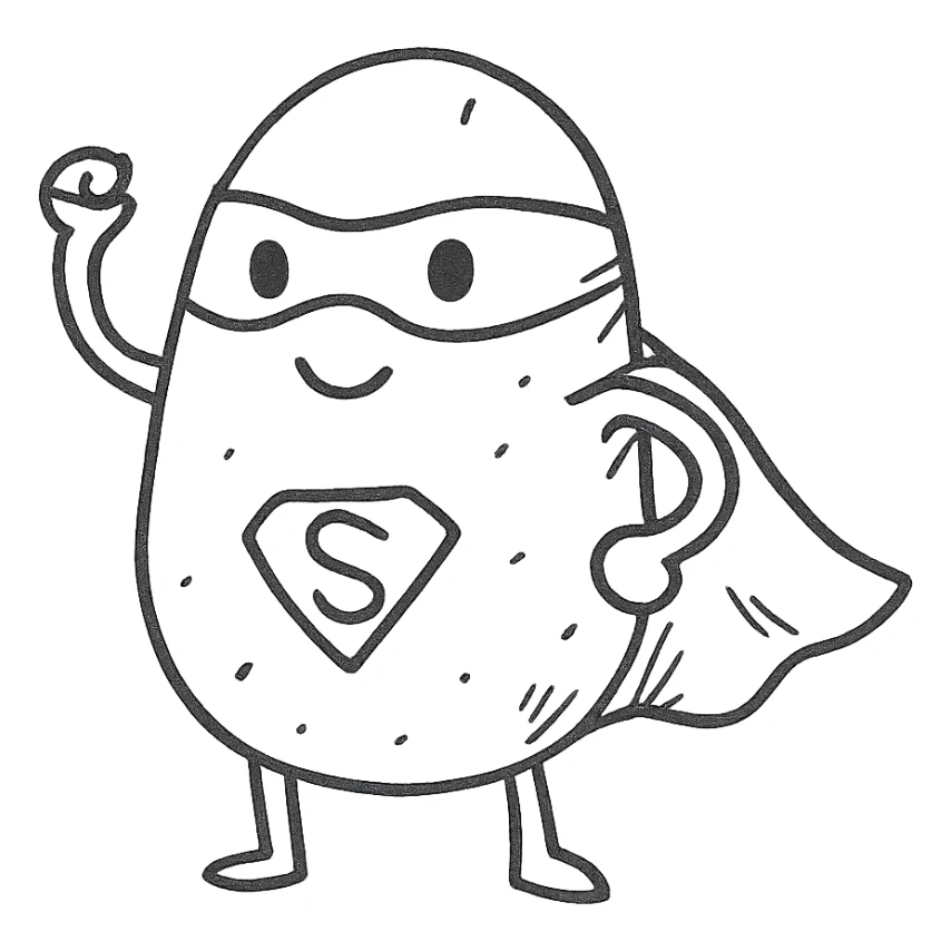 a potato dressed as a superhero, hand drawn style sticker