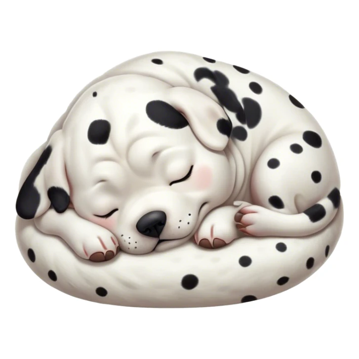 Cinematic Chubby Sleeping Dalmatian Portrait Emoji, Chubby and serene, with a round, plump build and a glossy white coat adorned with distinctive black spots, eyes gently closed in peaceful slumber, Simplified yet irresistibly endearing features, highly detailed, glowing with a gentle, dreamy glow, high shine, relaxed and content, stylized with a touch of whimsy, bright and heartwarming, soft glowing outline, capturing the essence of a blissfully sleepy companion, so comically serene it feels like it could roll out of the screen and snore with adorable charm! sticker
