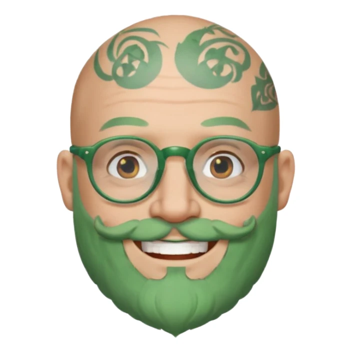bald man with green beard, glasses, and face tattoos sticker