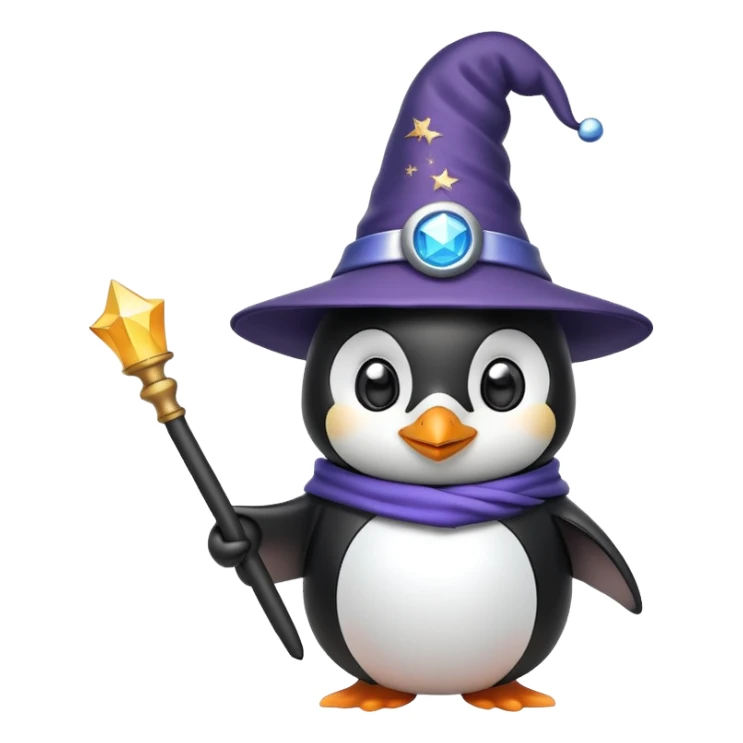 penguin wearing a wizard hat and holding a magic wand sticker