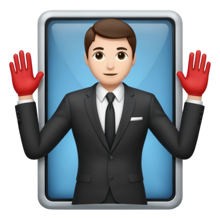 A computer screen with a body that is wearing a suit sticker