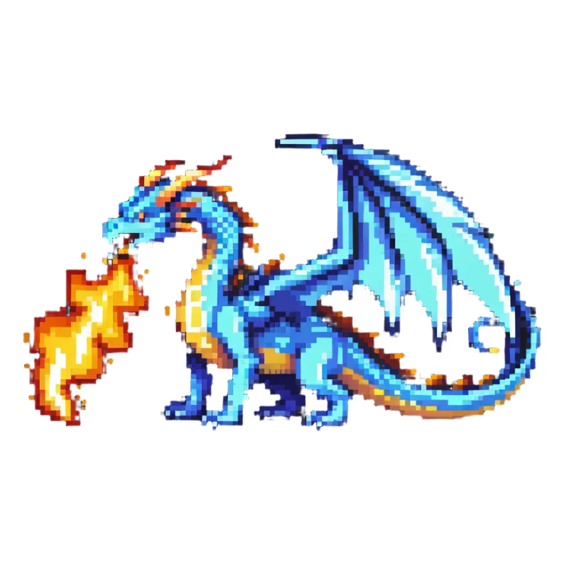 A retro-style dragon with wings and flame breath sticker