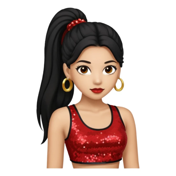 Jade from Bratz with long black ponytail hair, light skin, brown eyes, red sequin crop top sticker