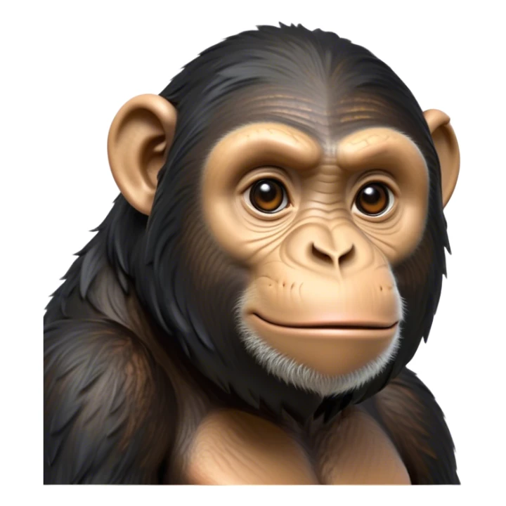 Cinematic Noble Chimpanzee Portrait Emoji, Poised and wise, with a lean, agile build adorned with textured fur and deep, thoughtful eyes, Simplified yet sharp and sophisticated features, highly detailed, glowing with a soft, contemplative glow, high shine, intelligent and vigilant, stylized with an air of primate regality, focused and attentive, soft glowing outline, capturing the essence of a watchful guardian that feels as though it could step out of the screen with effortless authority! sticker