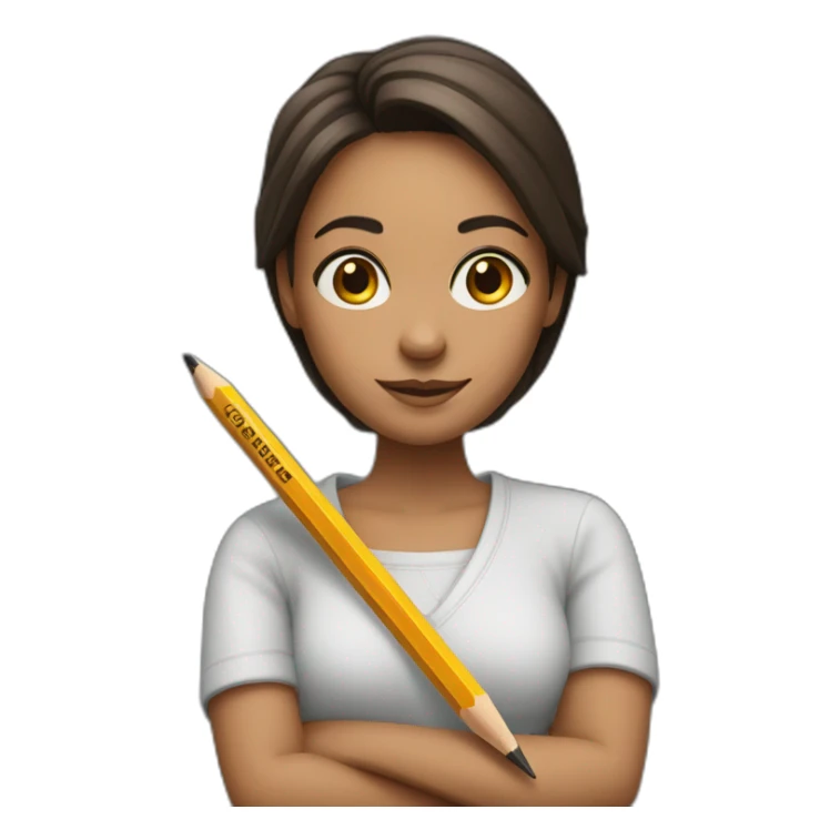 sarah ninsi with crossed arms holding a pencil sticker
