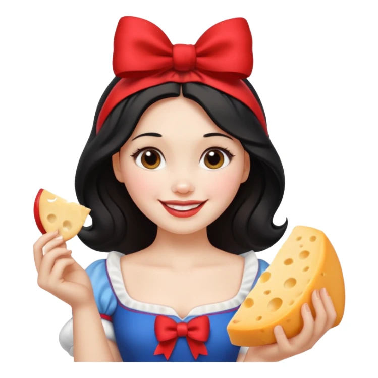  smiling Snow White with red bow ob head holding wedge of cheese sticker