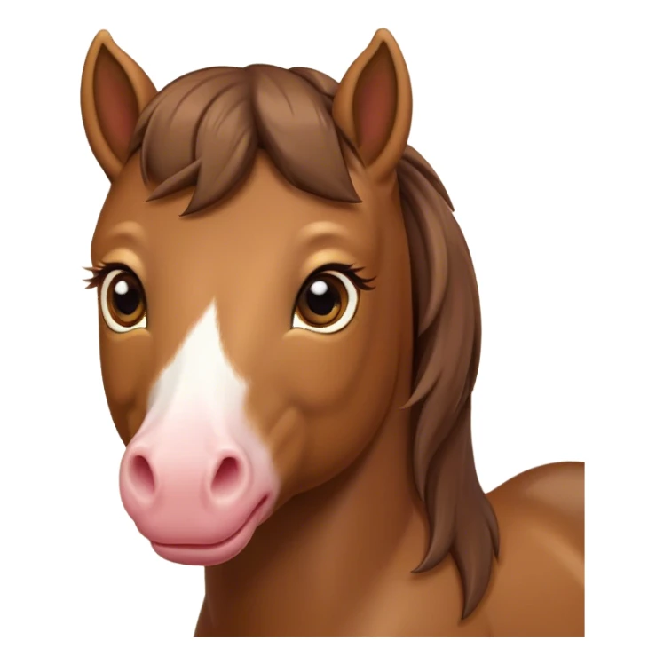 Cinematic Cute Brown Welsh Pony Portrait Emoji, Head tilted playfully and inquisitively, featuring a compact, charming form with a glossy, deep brown color, round, sparkling eyes full of gentle mischief, and a sweet, soft muzzle, Simplified yet irresistibly adorable features, highly detailed, glowing with a warm, inviting glow, high shine, affectionate and lively, stylized with a touch of rustic whimsy, soft glowing outline, capturing the essence of a mischievous yet endearing brown Welsh pony that seems as if it could prance out of the screen into your arms! sticker