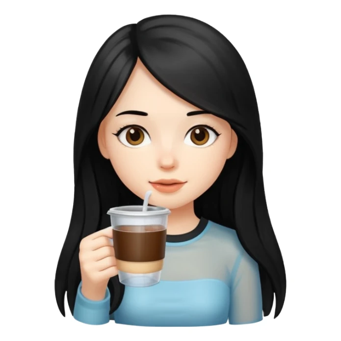 cute girl with black long hair drinking coffee in plastic cup sticker