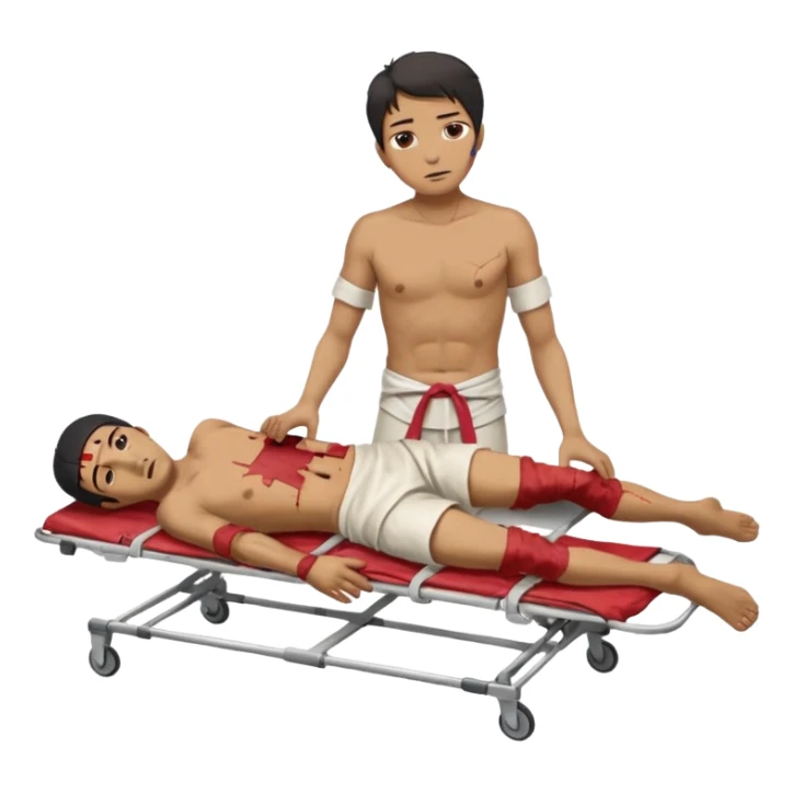 a man of oriental appearance, dressed in torn clothes, full length, in a prone position, with injuries on a medical stretcher, 1980 sticker