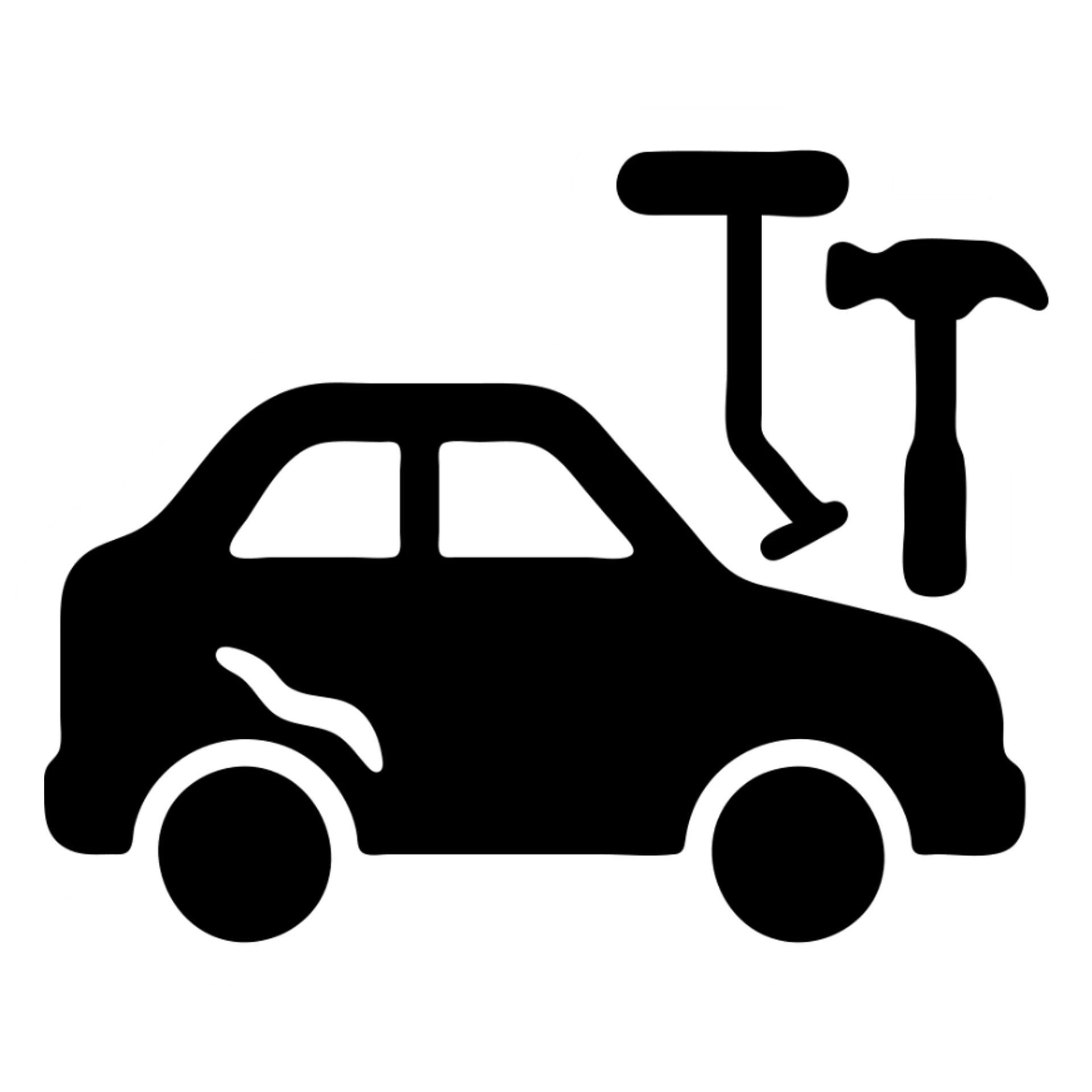 solid filled icon of a car with a visible dent and dent repair tools like a lever and small hammer for Paintless Dent Repair (PDR) sticker