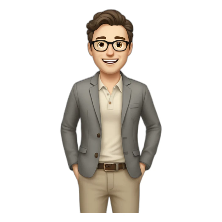 Joyful Full height Pale skinned Fit Man With dark brown hair in gray jacket, beige office shirt, Brown pants and vintage glasses. His thrumbs up sticker