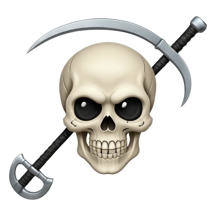A laughing skull with a scythe crossed behind it, one eye socket winking. Clean, stylized lines, flat vector. Medieval woodcut style. Black and white with one accent color (tarnished silver). No background. sticker