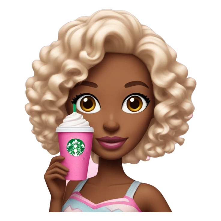 Barbie girl with curly hair holding Pink starbucks refresher sticker