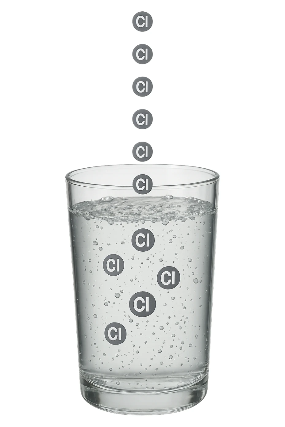 un bicchiere di acqua cade verticalmente dall'alto realistico e dettagliato, dentro l'acqua del bicchiere ci sono particelle di cloro ben visibili con la scritta "Cl" sopra, ci sono particelle anche che escono dal bicchiere e fluttuano in aria verticalmente, mentre alcune sono all'interno dell'acqua nel bicchiere, iperrealistico 4k sticker