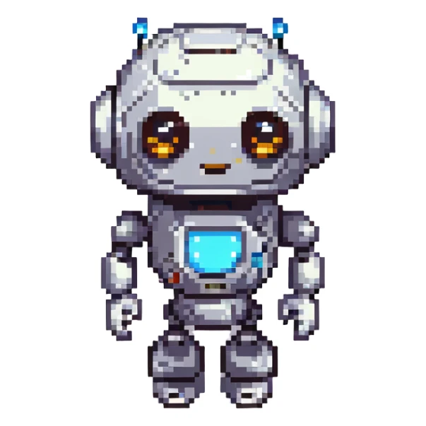 A cute, cartoonish, and friendly robot with a round head, big expressive eyes, and a small body, giving off a welcoming and helpful vibe sticker