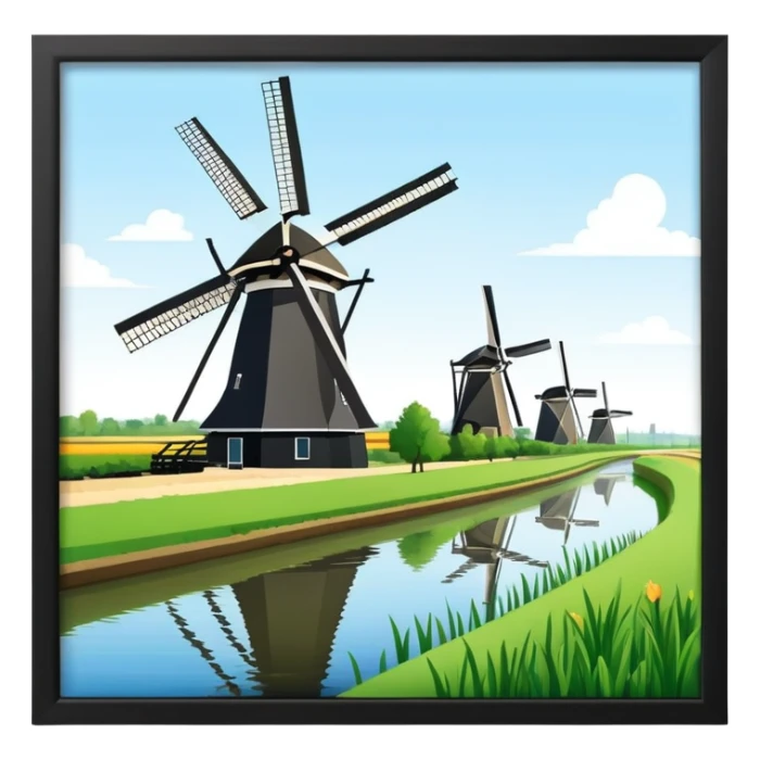 cinematic-realistic-kinderdijk-windmills-landmark-emoji,-showcasing-traditional-dutch-windmills-aligned-along-a-tranquil-canal,-with-lush-green-fields in a picture frame sticker