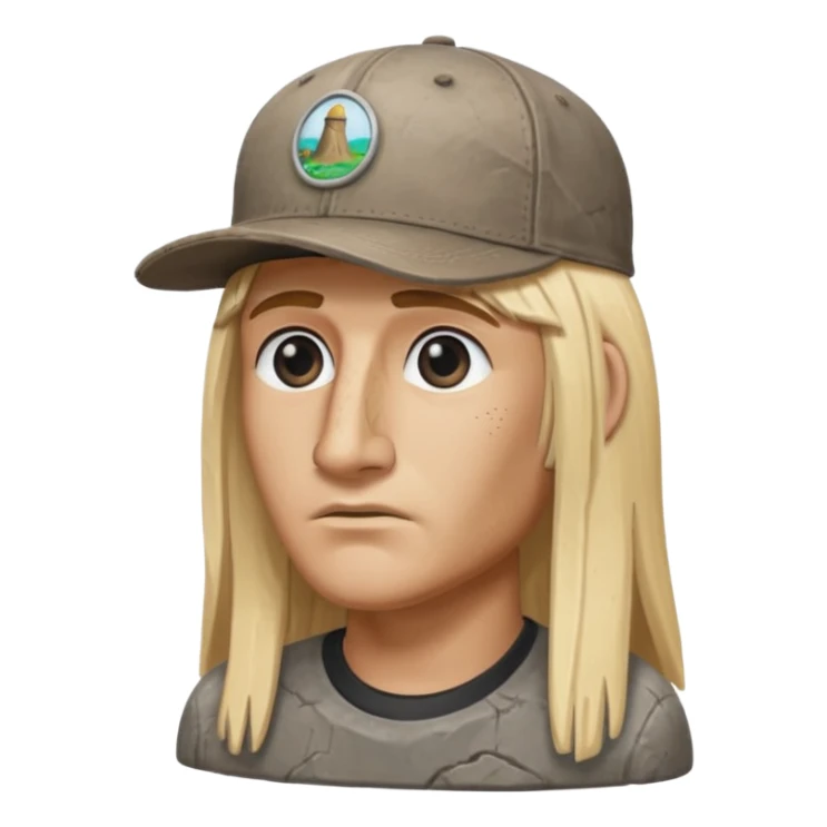 Easter island head rock with long blonde hair and a backwards baseball cap sticker