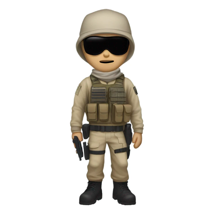 White male, call of duty mask, tan tactical gear, tan pants, combat boots, black beanie, blue eyes sticker