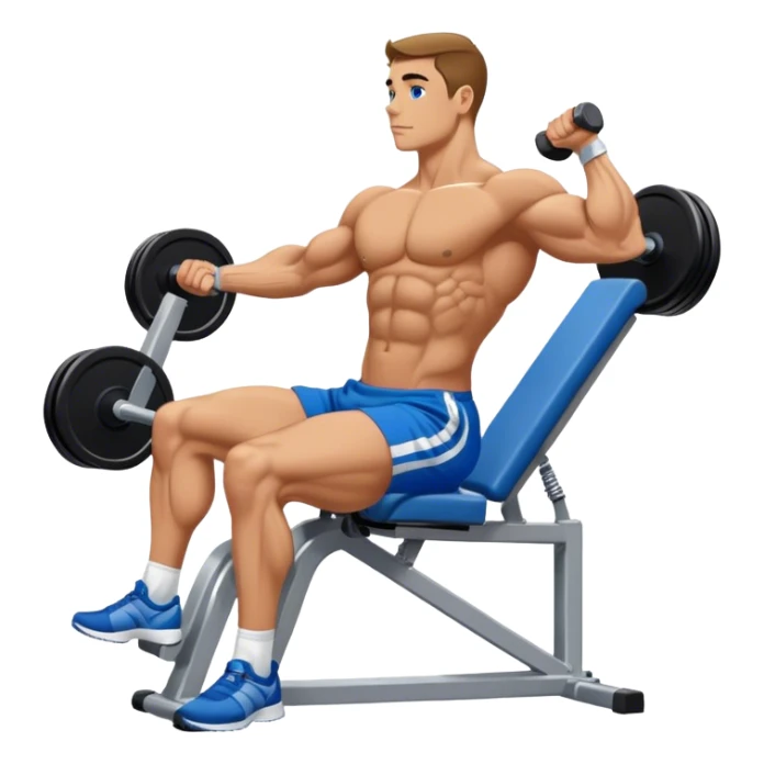 side-view bodybuilder in blue shorts seated weighted calf-raise machine lower leg exercise sticker