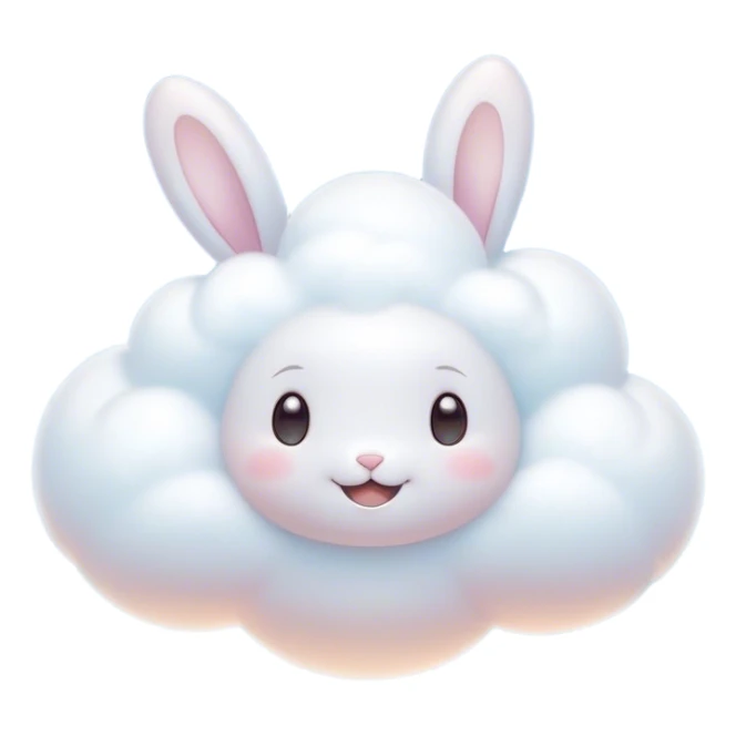 Cinematic tiny puffy bunny-shaped cloud, floating gently in the sky, soft glowing light, tiny rounded ears, smiling face, dreamy and magical. sticker