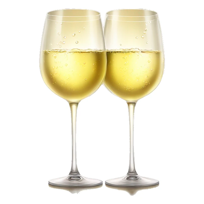 Two wine glasses filled with white wine clinking together in a toast, with soft sunlight highlighting the golden liquid and droplets of condensation on the glass sticker