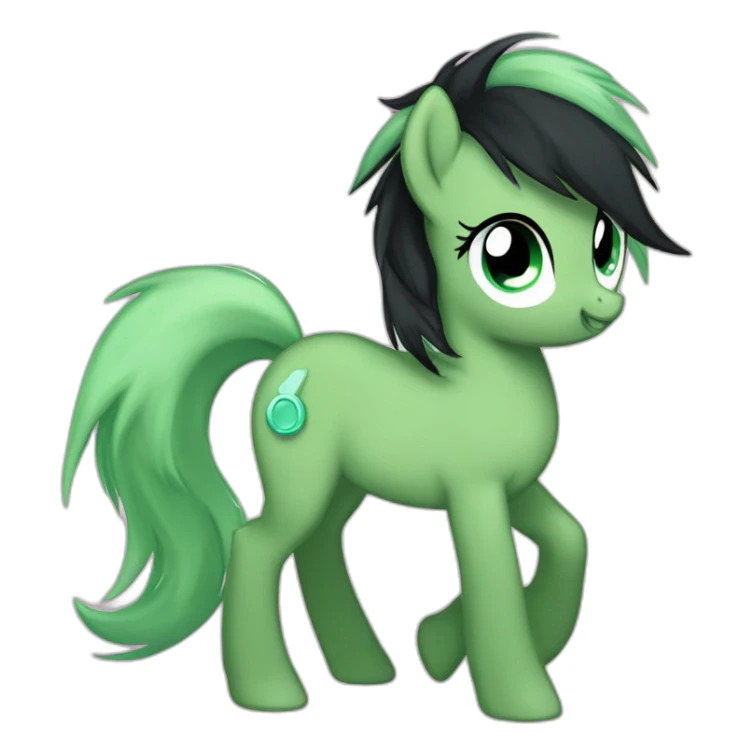filly from equestria with a green coat and a black dishevelead mane and tail with a cutie mark with a cutie mark sticker