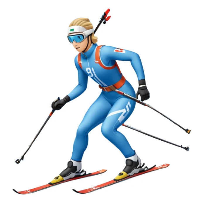 An icon featuring a biathlete in motion, holding a rifle and skiing across a snowy course. The backdrop includes snow-covered trees, distant mountains, and a clear blue sky. Transparent background highlights the precision, endurance, and excitement of biathlon. sticker