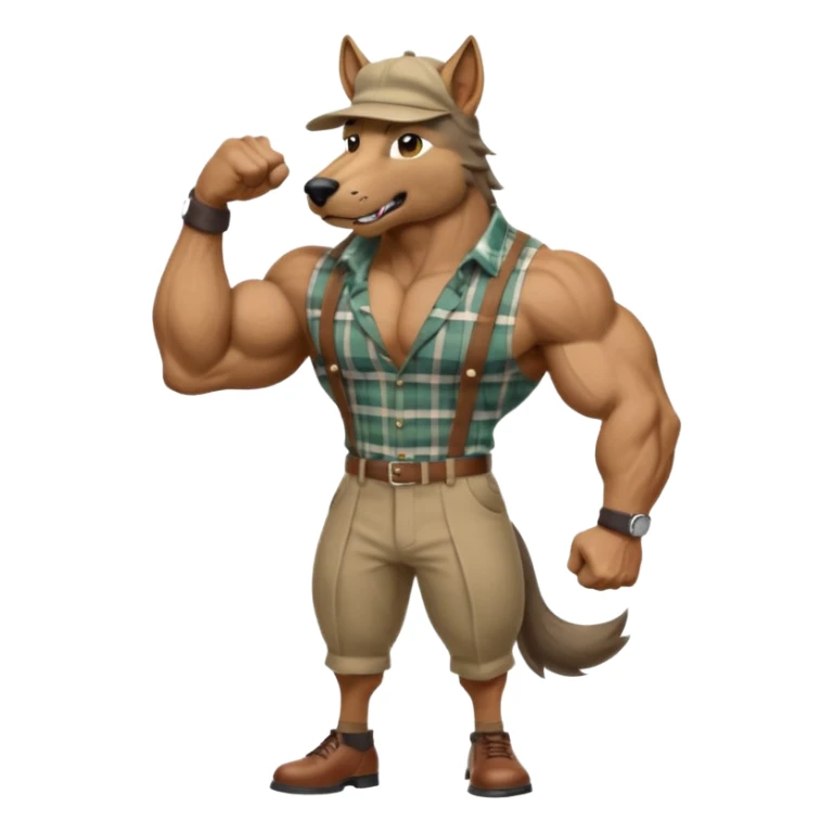 extremely super-duper hyper muscular wolf furry extremely exaggerated muscles with chiseled face, horse-length bullneck and an elongated snout, wearing a plaid dress shirt halfway buttoned, khaki dress slacks and very large newsboy cap on his head while flexing his bicep muscles sticker