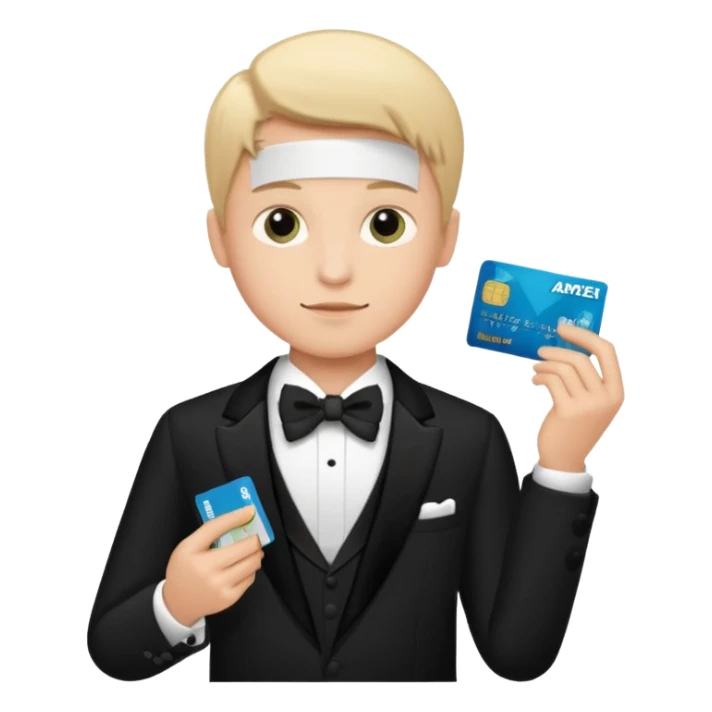 make a genmoji of a boy with a an amex card in hand and wearing a tux sticker