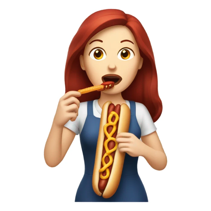 White woman white dark red hair eating a hotdog  sticker
