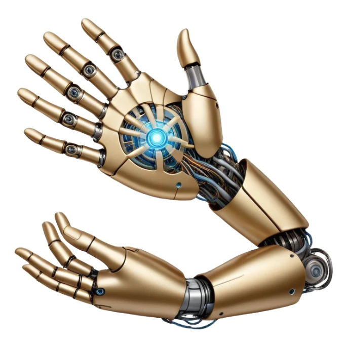 An icon inspired by Da Vinci’s 'The Creation of Adam', featuring a robotic hand reaching out to touch a human hand, symbolizing artificial intelligence. The design includes neural networks, glowing circuits, and a holographic brain. Transparent background sticker
