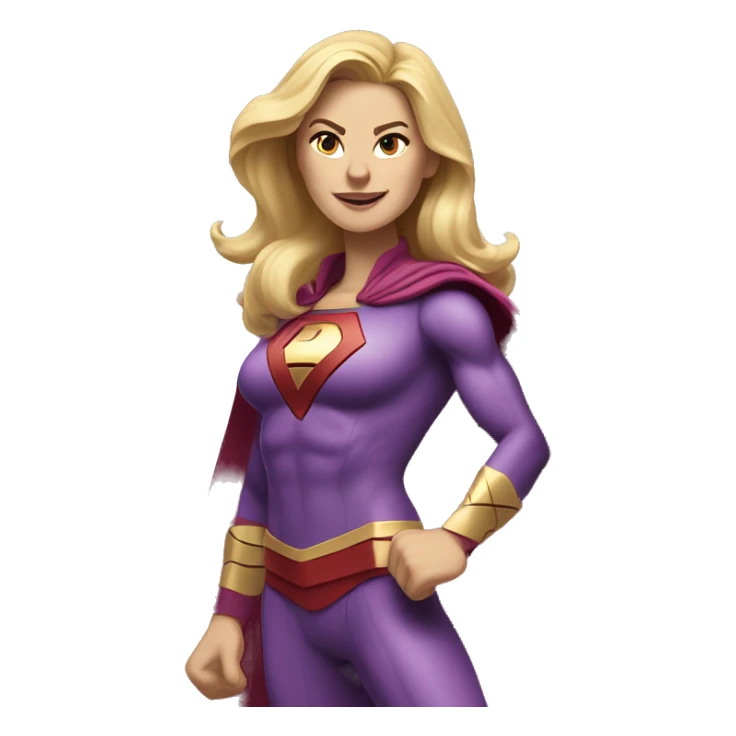 Long blond haired tall superhero woman with strong shoulders happily boldly charging into action. Her face looks like actress Annie Murphy. Her costume colors are purple and yellow. Her shoes are Hoka. The emblem on her costume is B. sticker