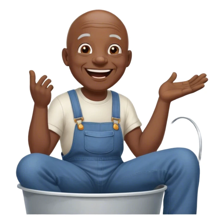 Side view Laughing telling story Old bald black man sitting on top of white bucket wearing overalls no shirt sticker