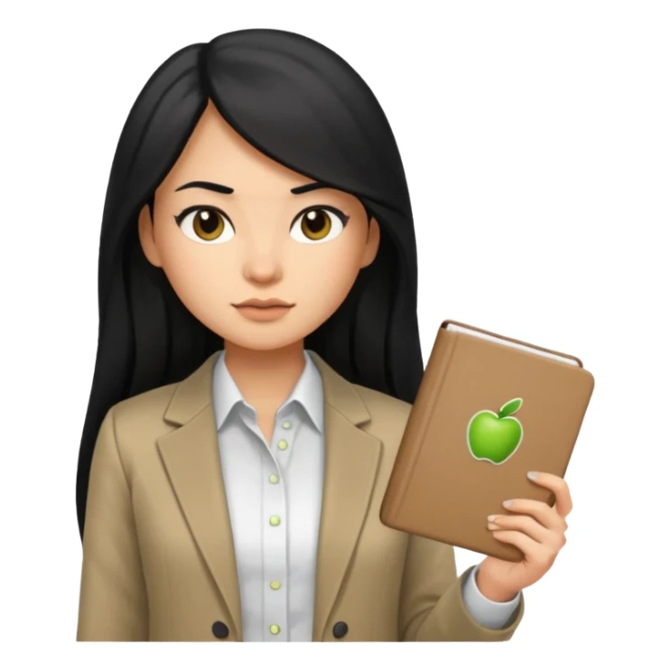 a girl with long black hair, neutral expression, business style clothes (shirt, jacket), holding a notebook, Apple Memoji emoji style sticker