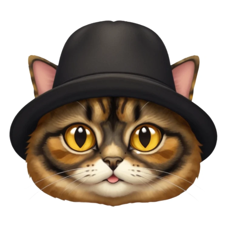 mostly black tortie cat, gold eyes, british hat sticker