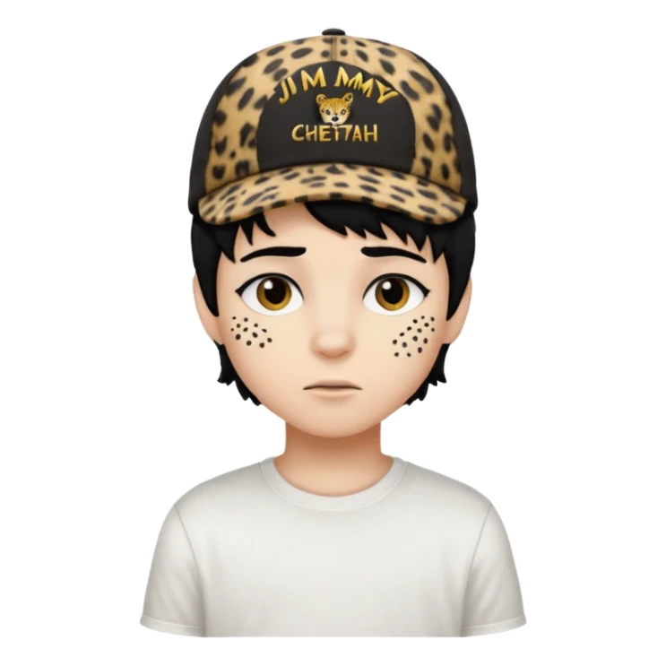 Boy with black hair and a cap that has the phrase #jimmy written on it with cheetah print texture, and white shirt emoji emo sticker