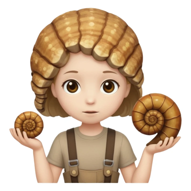 Shelly has a small, chibi-style body with a large ammonite-shaped head that looks like a beige fossil shell. One side of her head has a dark opening, making it clear she isn’t human. Her face is simple and soft, with big round eyes. She wears a brown suspender outfit over a lighter shirt sticker