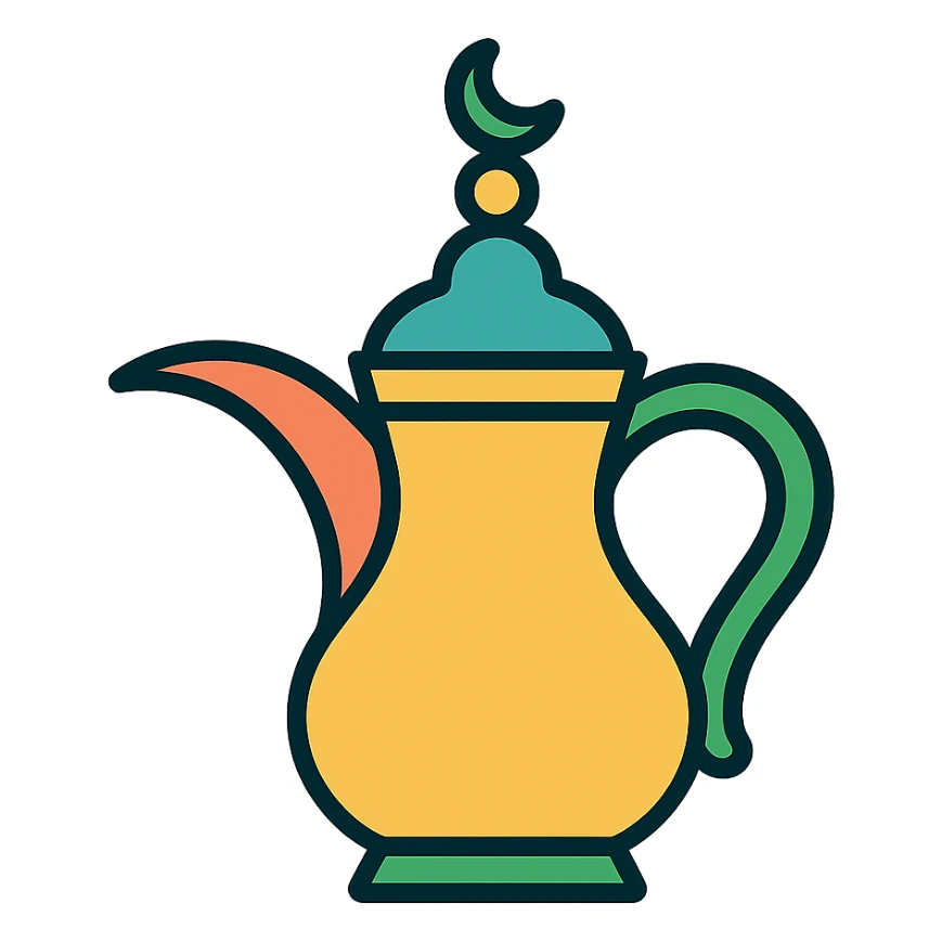 icon representing Saudi culture with traditional coffee pot dallah in modern color outline style sticker