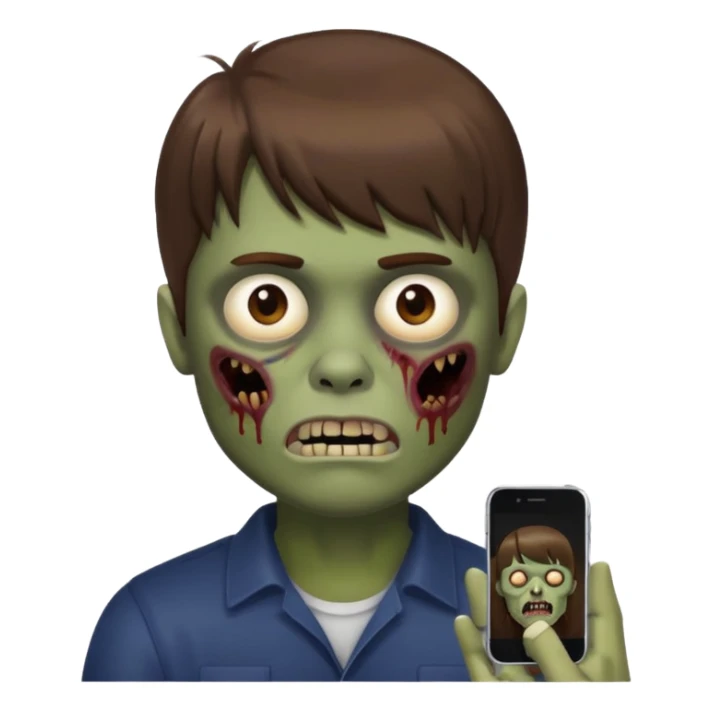 Homem de cabelo marrom com franja, zumbi estilo memoji iphone sticker